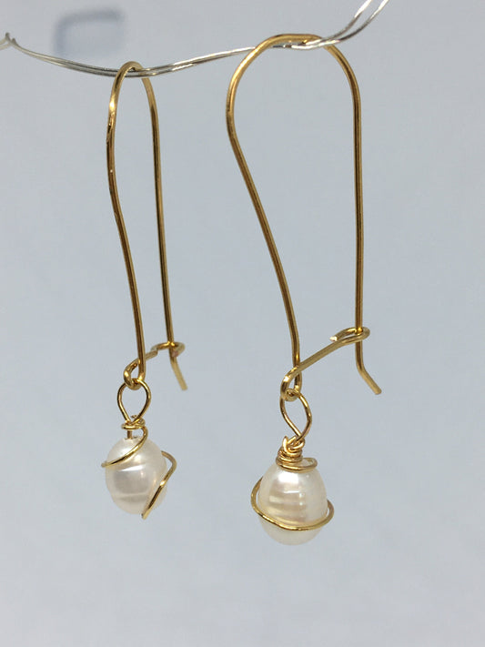 Freshwater Pearl dangle drop gold earrings for her/ Waterproof Jewelry/Wedding, bridesmaids gifts/ UK shop - Free Shipping