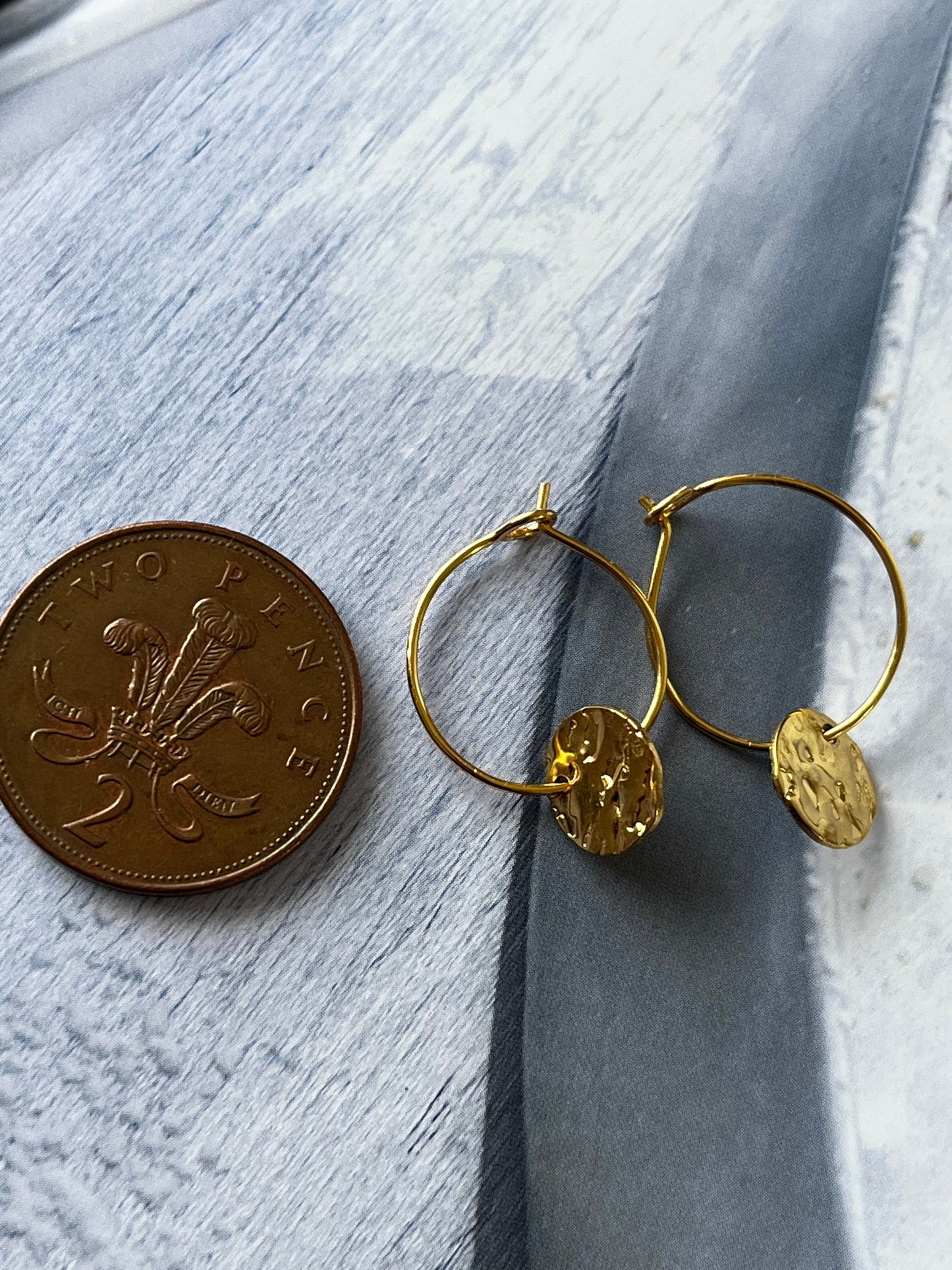 Hammered Gold Hoops Earrings, Handmade Hoops , Hammered Disc Hoop Earrings for Women UK seller