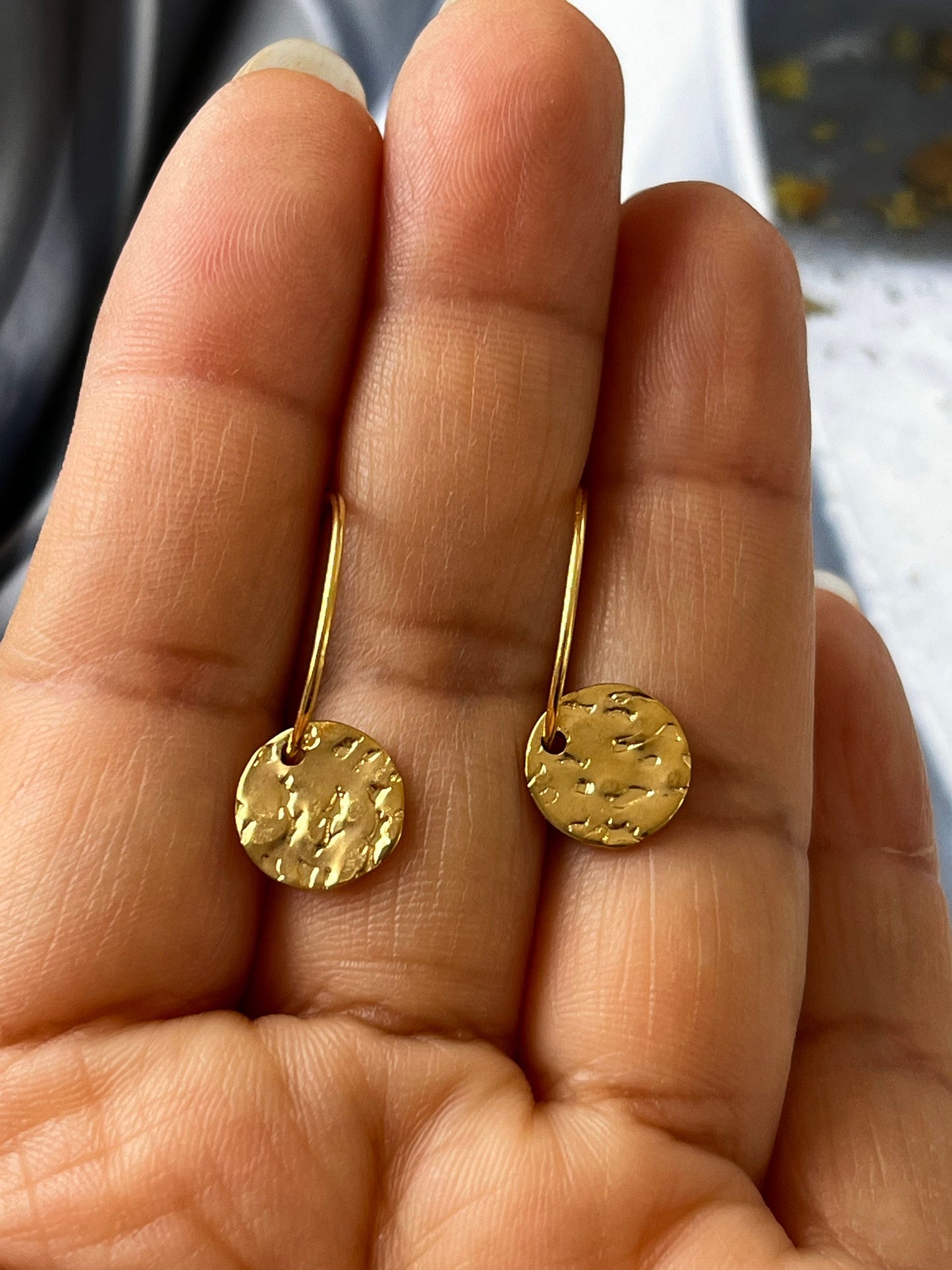 Hammered Gold Hoops Earrings, Handmade Hoops , Hammered Disc Hoop Earrings for Women UK seller