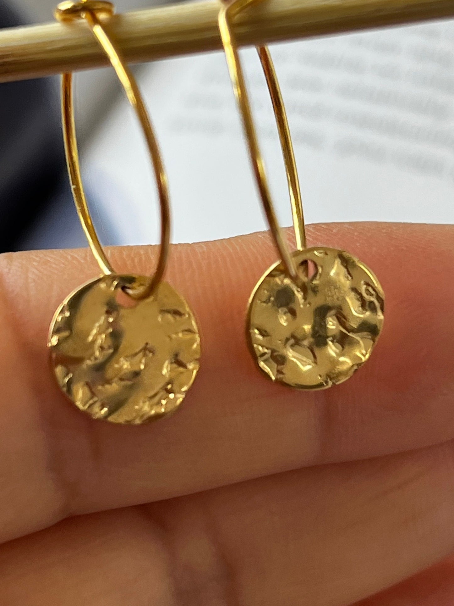 Hammered Gold Hoops Earrings, Handmade Hoops , Hammered Disc Hoop Earrings for Women UK seller