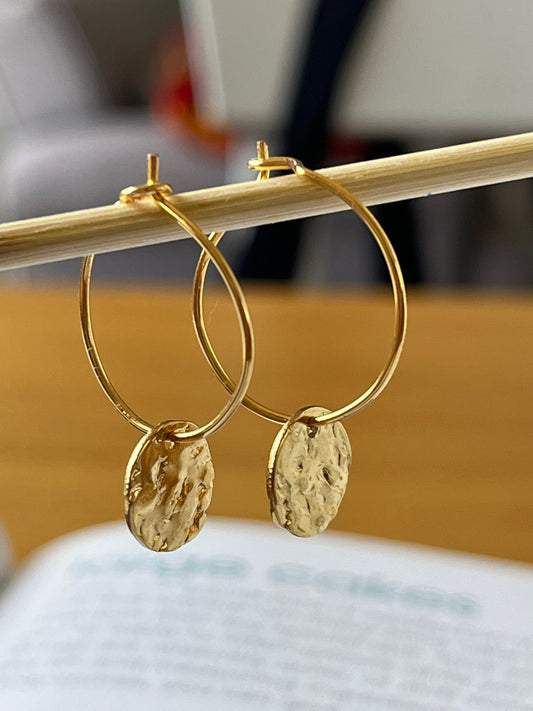 Hammered Gold Hoops Earrings, Handmade Hoops , Hammered Disc Hoop Earrings for Women UK seller