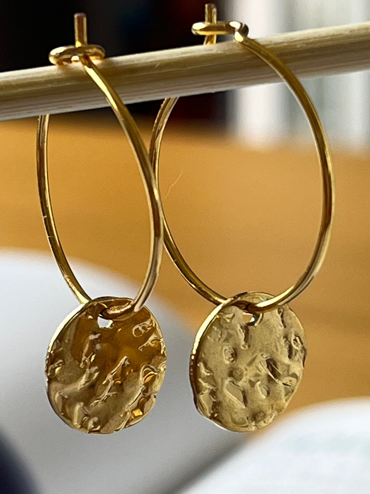 Hammered Gold Hoops Earrings, Handmade Hoops , Hammered Disc Hoop Earrings for Women UK seller