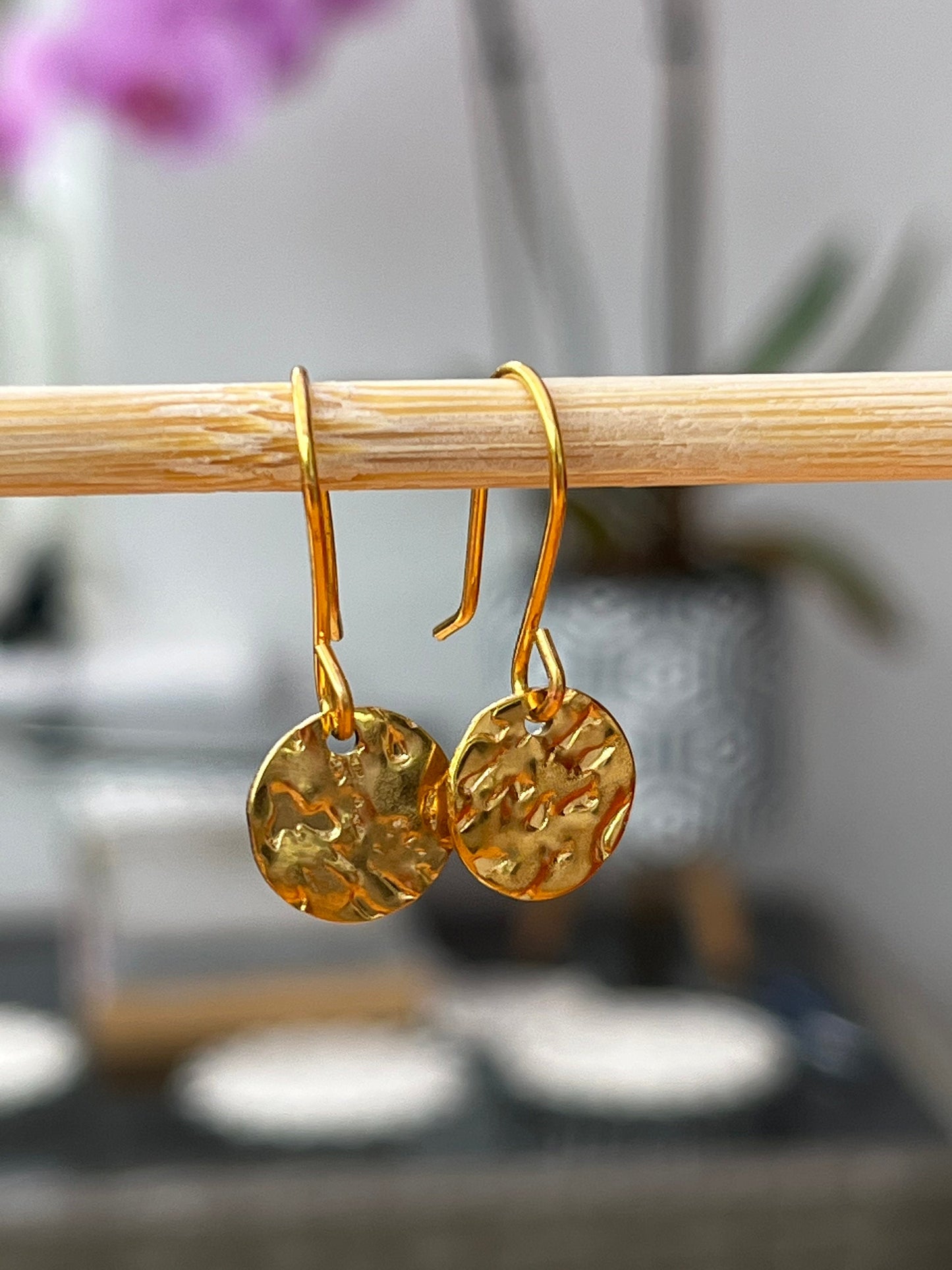 Gold Hammered Earrings, Small Disc hammered Gold Earrings, Gold Disc Dangle Earrings for Women Etsy UK seller