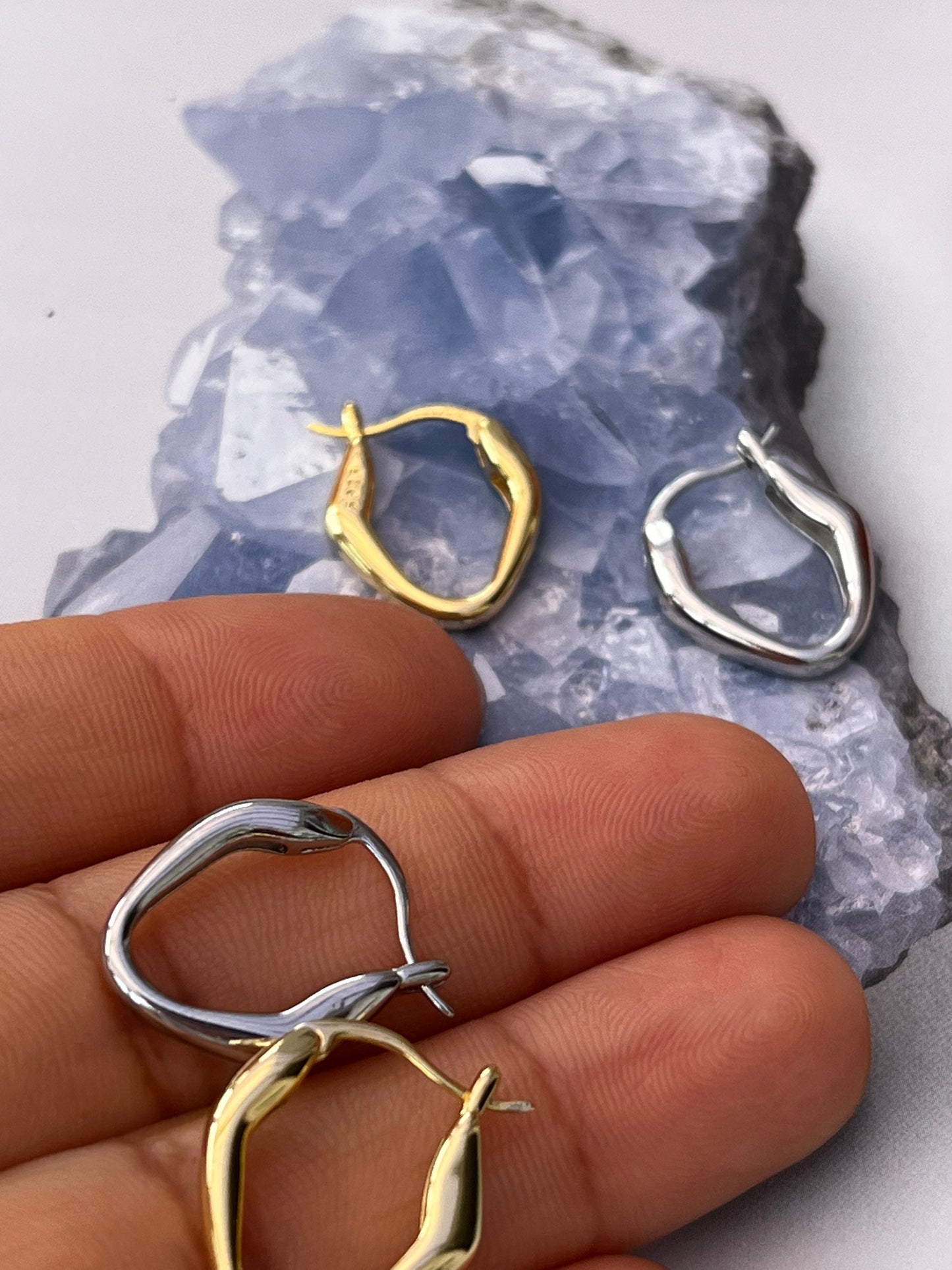 Small Irregular shape gold silver huggie hoops for her/ golden plated/ sterling silver/ UK shop