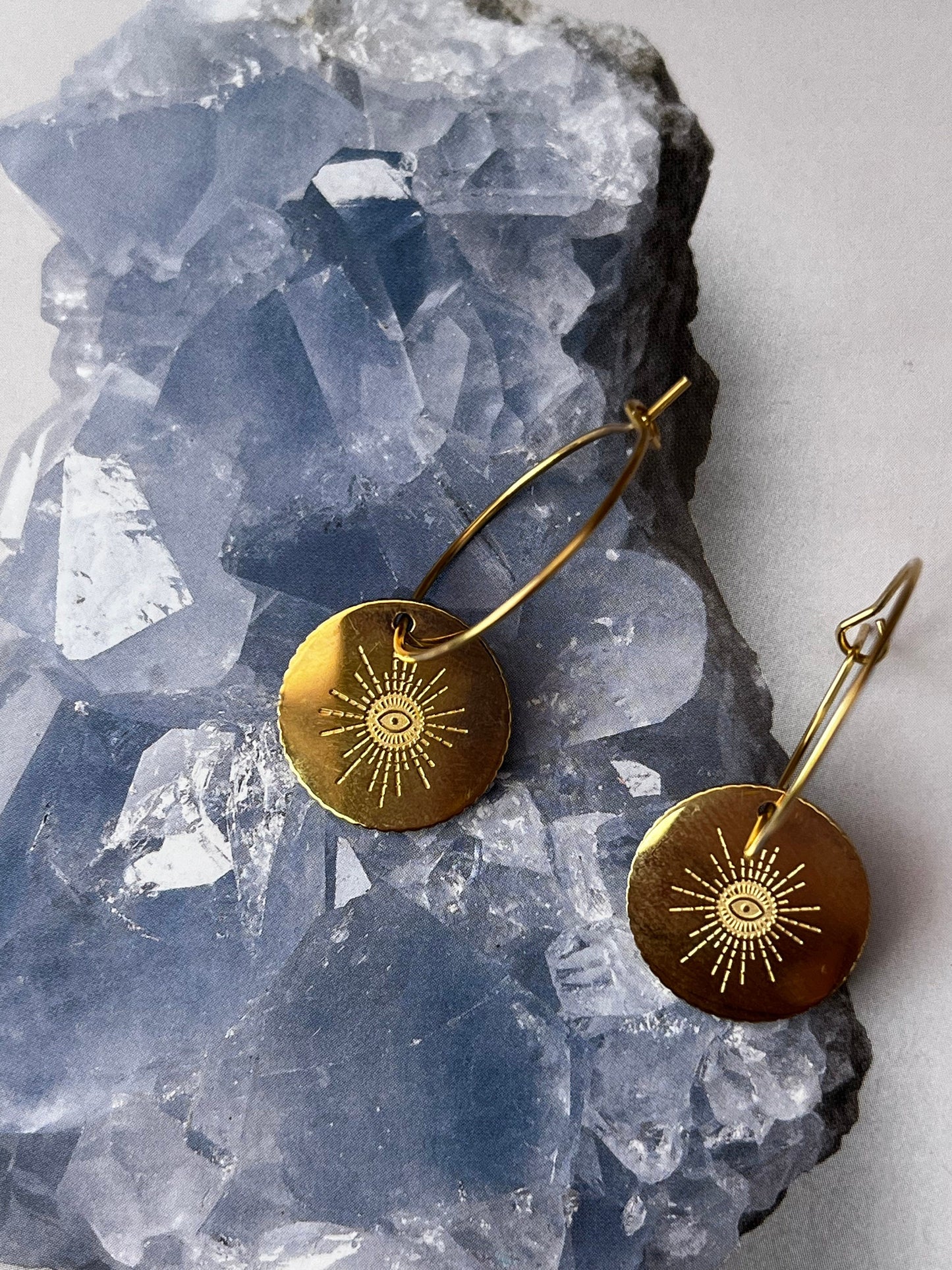 Sun Gold Hoops Earrings, Waterproof Tarnish Free Celestial Earrings, Disc Hoops for Women UK seller