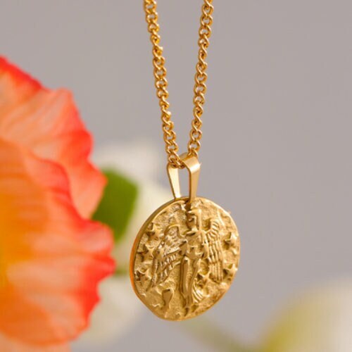 Gold Coin Textured Pendant Necklace for her/ 14k Golden Plated/ Etsy UK shop - Free Shipping