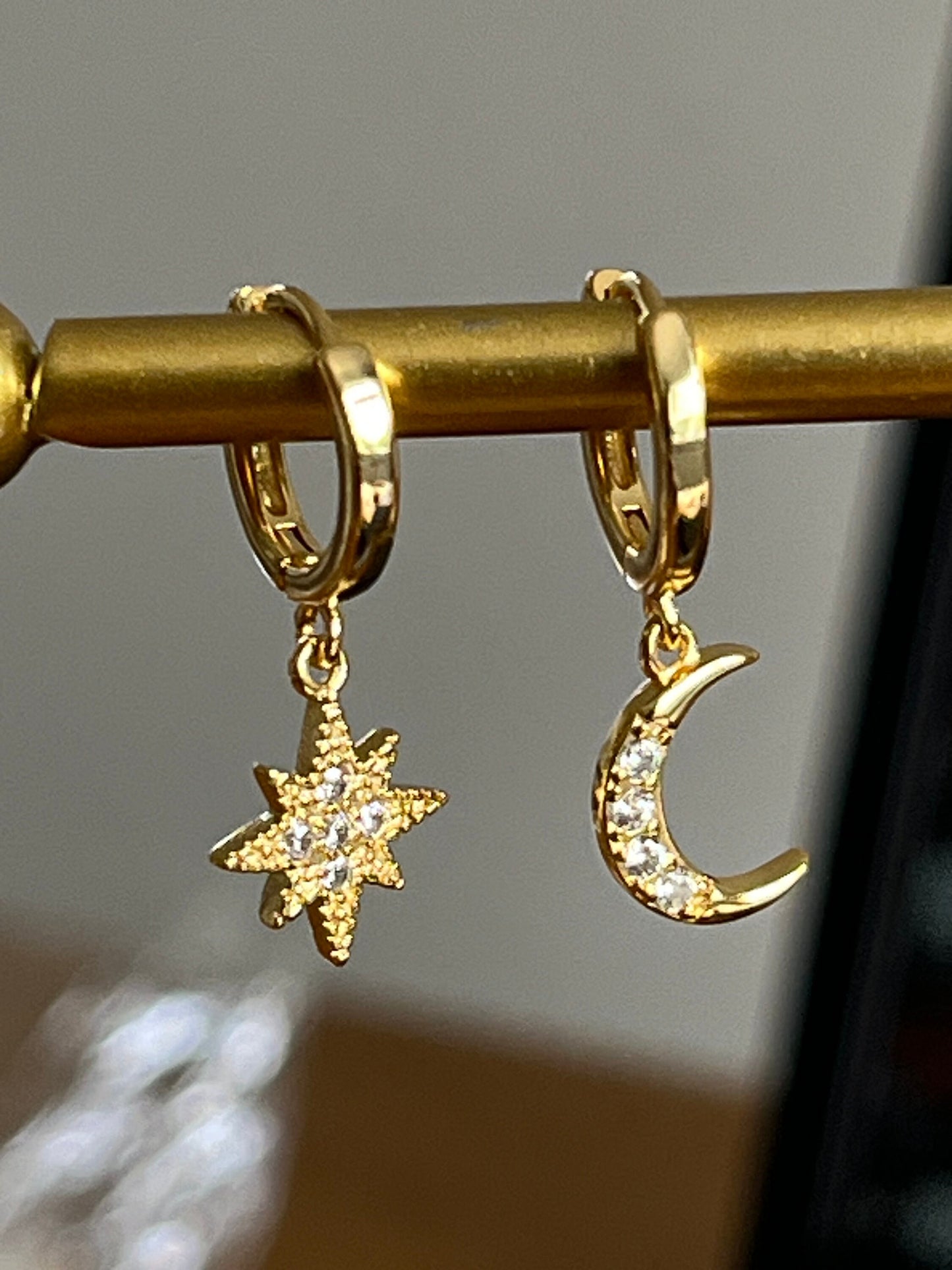 Star and Moon Cham Gold Huggie Hoops Earrings/ Small and Dainty Hoops for her/Etsy UK sho - Free Shipping