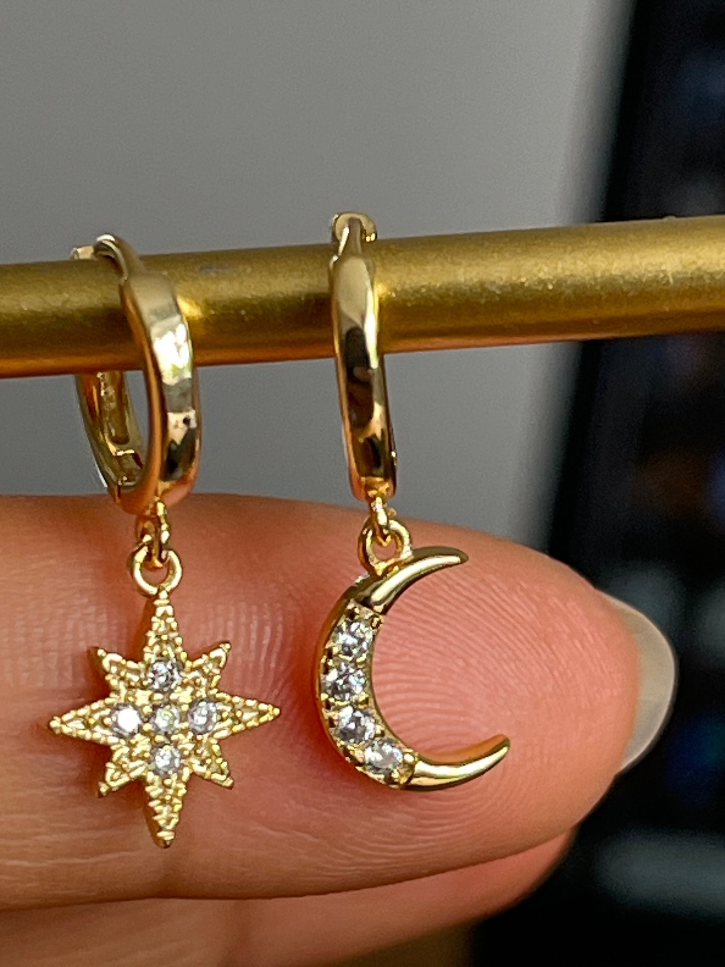 Star and Moon Cham Gold Huggie Hoops Earrings/ Small and Dainty Hoops for her/Etsy UK sho - Free Shipping