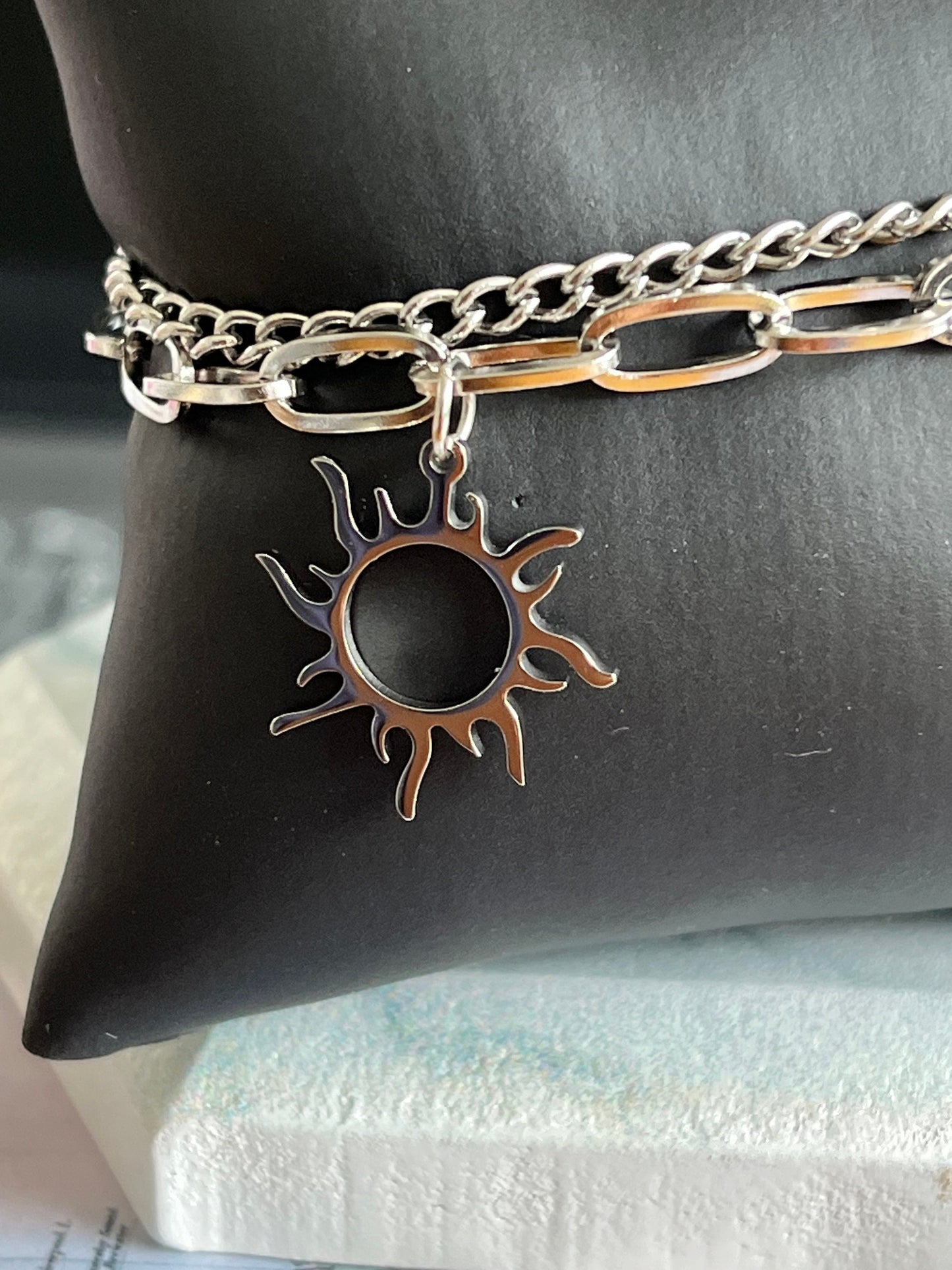 Sun Pendant layered Bracelet, Paperclip Chain/ Waterproof and Sweatproof/ Etsy UK shop - Free Shipping