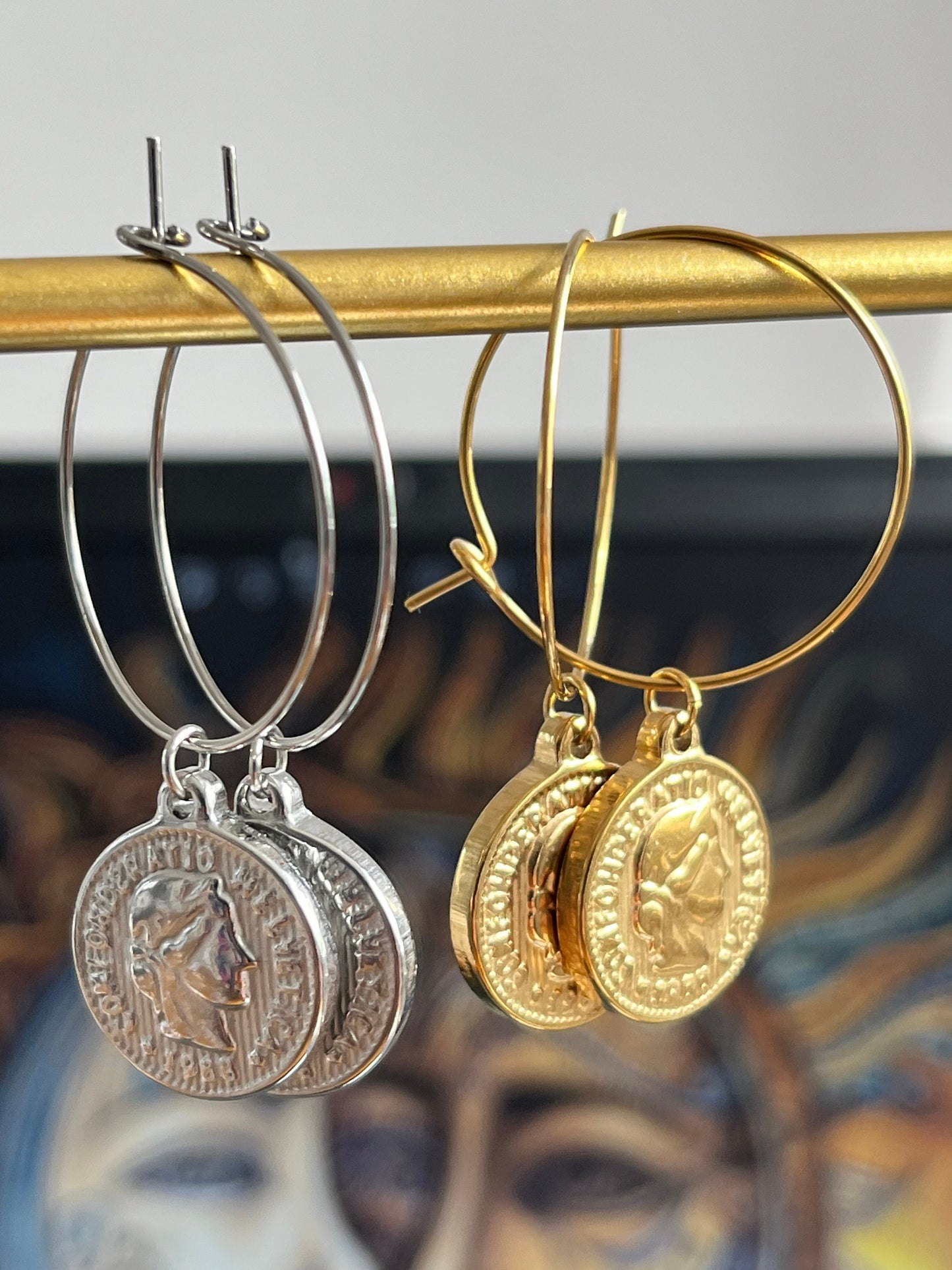 Coin disc replica Gold Hoops Earrings for her/ Waterproof, Tarnish Free/ Etsy UK shop - Free Shipping