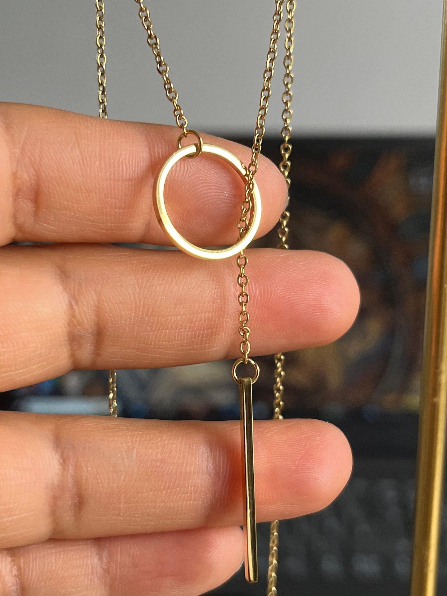 Circle Lariat Bar Pendant, Gold Necklace Minimalist, Chain Going Thru Necklace for her, Waterproof and Tarnish, Etsy UK shop