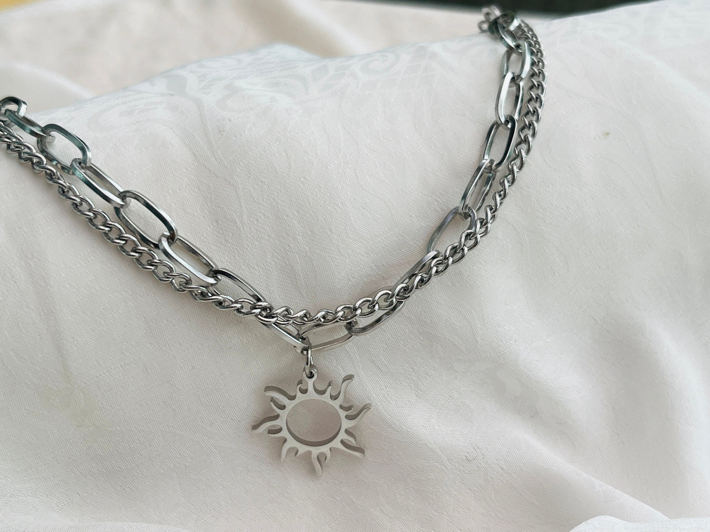 Sun Pendant layered Bracelet, Paperclip Chain/ Waterproof and Sweatproof/ Etsy UK shop - Free Shipping