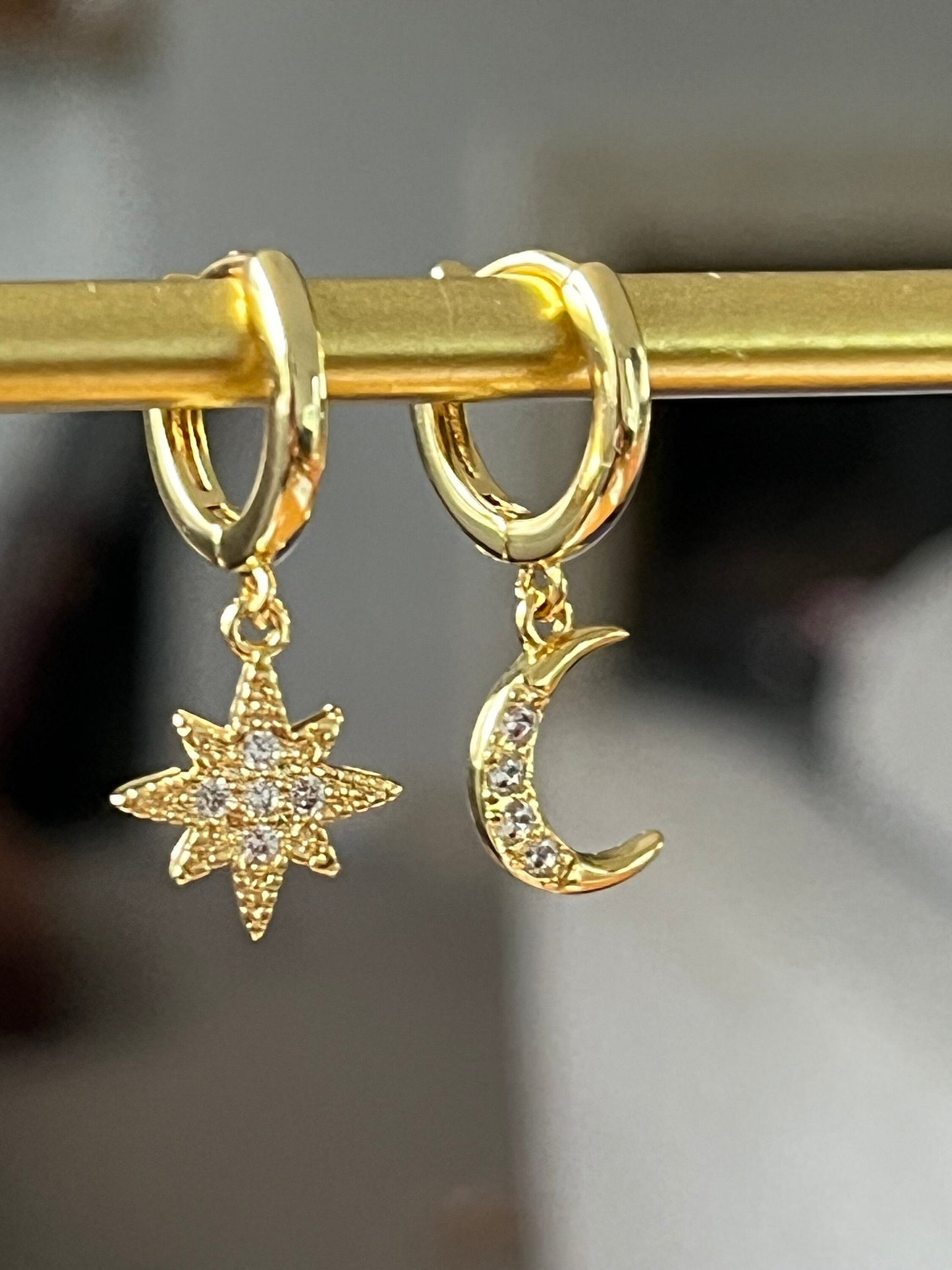 Star and Moon Cham Gold Huggie Hoops Earrings/ Small and Dainty Hoops for her/Etsy UK sho - Free Shipping