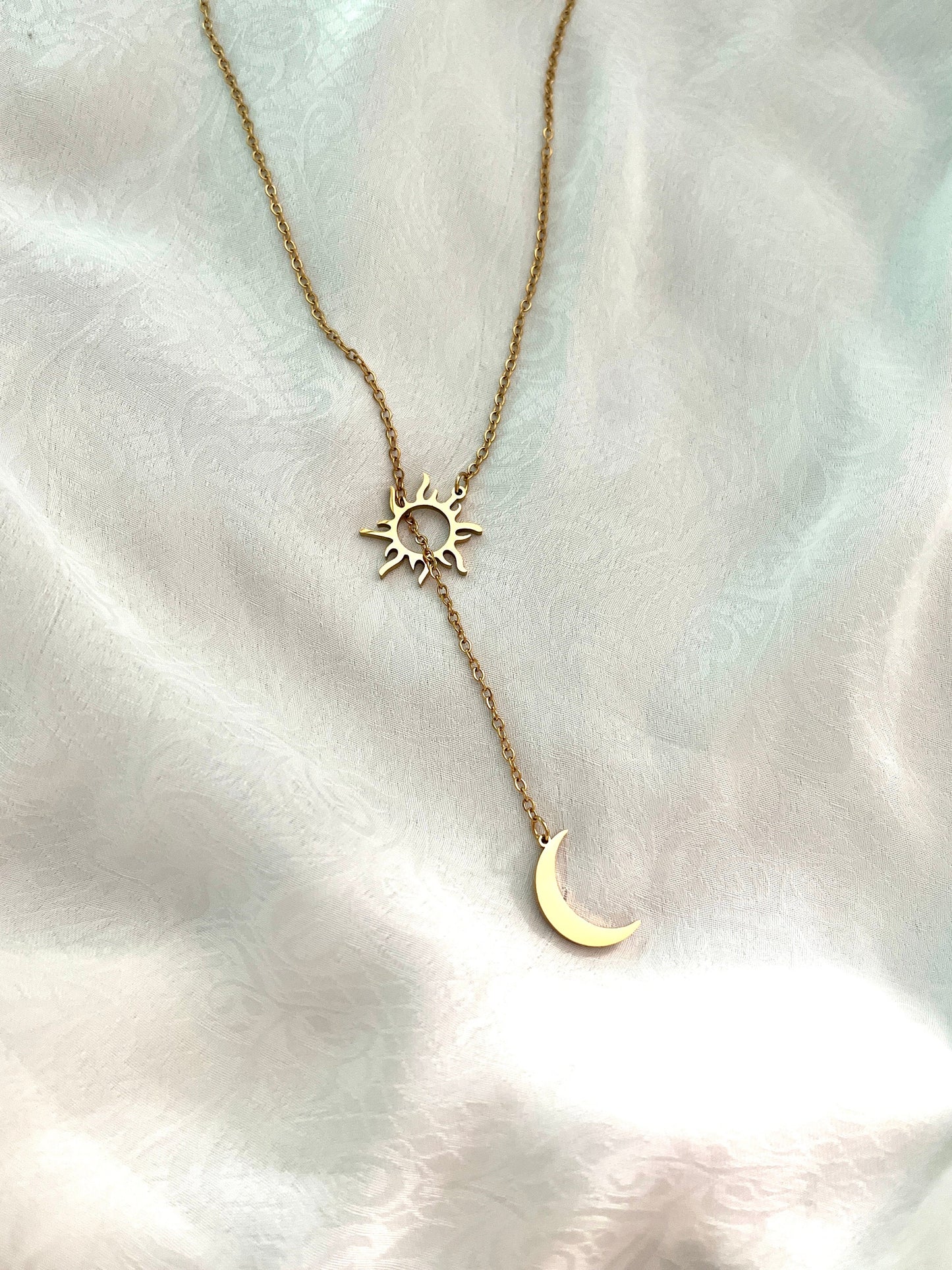 Sun and Moon Necklace/ Bohemian Chic Long Gold Necklace 65cm/ Waterproof, Tarnish Free/ Etsy UK seller