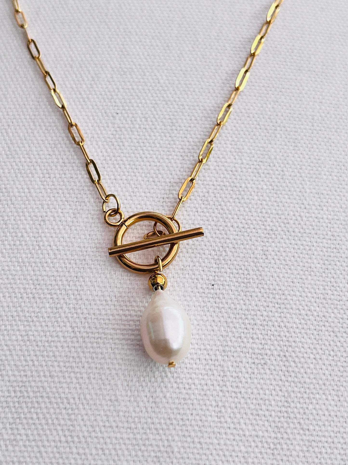 Freshwater Pearl Pendant Necklace, 18K Gold plated Paperclip Chain, Elegant Handmade necklace, Gift for Her, Uk shop - Free shipping