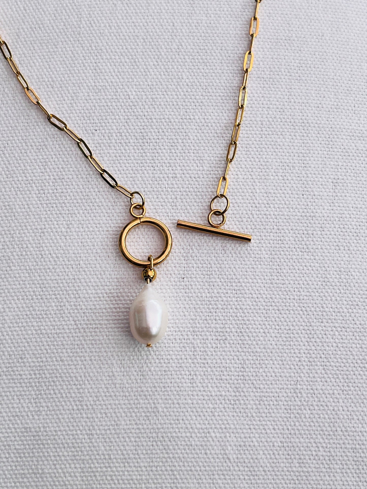 Freshwater Pearl Pendant Necklace, 18K Gold plated Paperclip Chain, Elegant Handmade necklace, Gift for Her, Uk shop - Free shipping